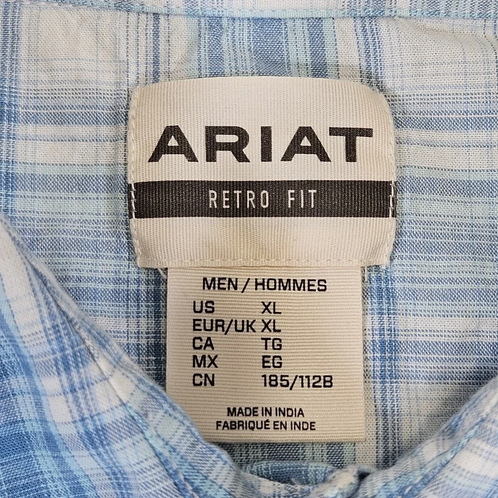 Ariat Men's Halterman Retro Fit Pearl Snap Blue Plaid Short Sleeve Shirt Size XL